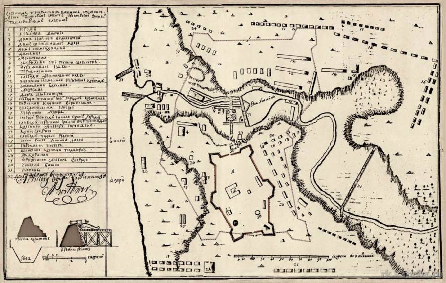 План Олонецкого Петровского завода, изготовленный М. Витвером в 1722 году
