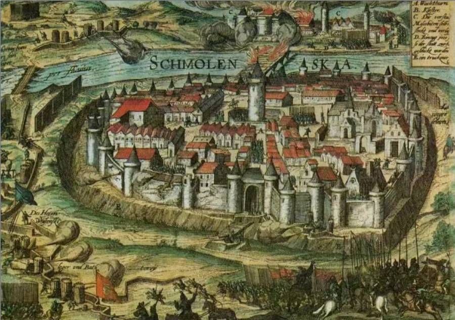 План Смоленска периода осады польской армией в 1609–1611 годах. Цветная открытка XIX века с гравюры Георга Келлера 1610 года 