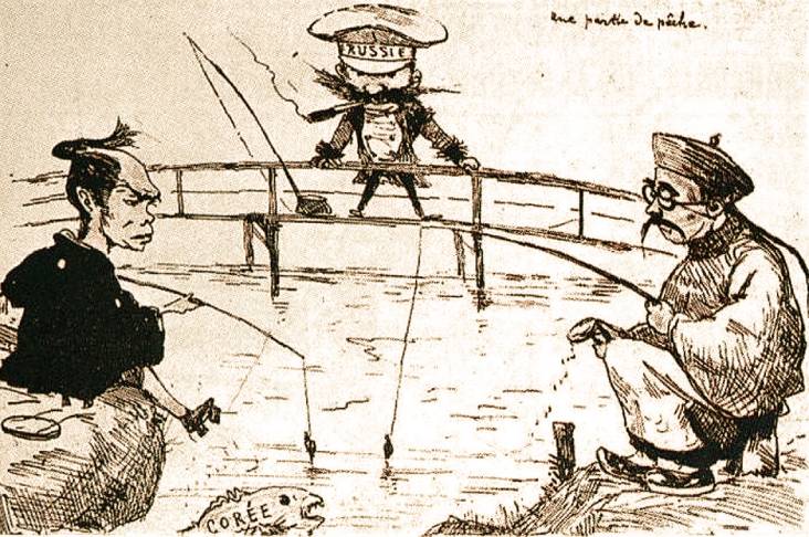 Японский и китайский рыбаки удят рыбу в водоёме, в которым плавает рыба «Корея». За ними наблюдает русский, готовый забросить свою удочку. Французская карикатура. 1895 год	