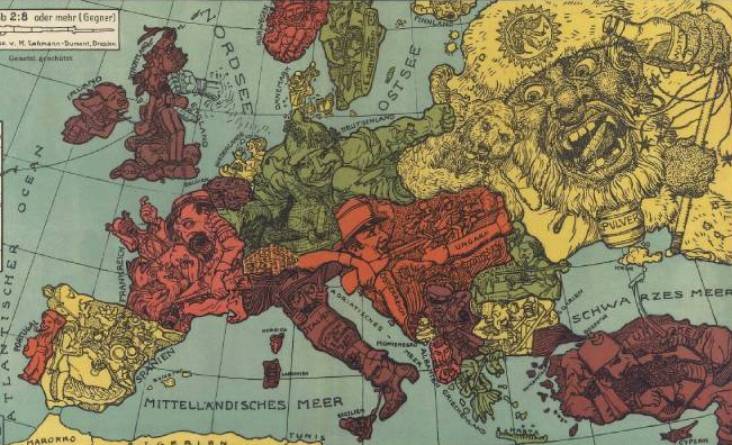 «Юмористическая карта Европы в 1914 году». Германия / Humoristische Karte von Europa im Jahre 1914. Druck u Verlag Leutert and Schneidewind. Kunstansalt, Dresden, 1914.