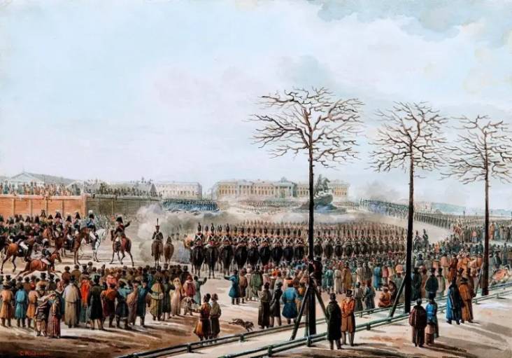 Восстание декабристов на Сенатской площади, 1825 год. Художник Карл Кольман, 1830-е годы
