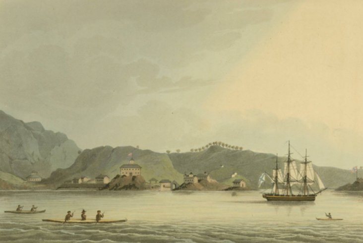 Шлюп «Нева» в гавани святого Павла на острове Кадьяк. Гравюра по рисунку Ю. Ф. Лисянского