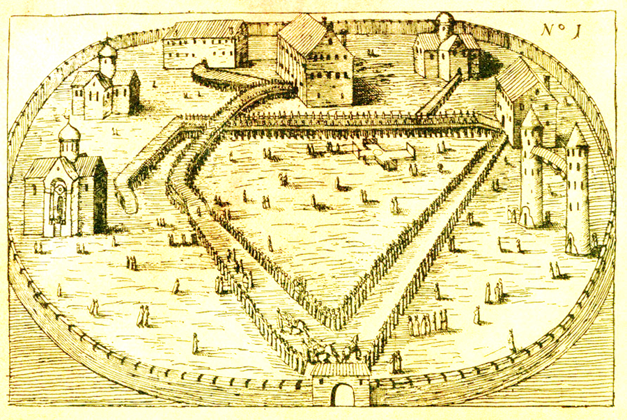 Общий вид Александровской слободы. Гравюра И.Т. де Бри. 1627 год