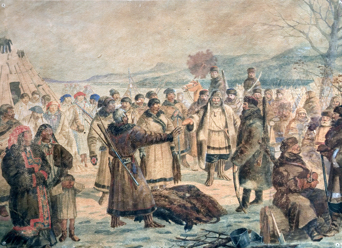 Подведение сибирских инородцев под высокую Царскую руку. Художник Николай Каразин. 1870-е годы