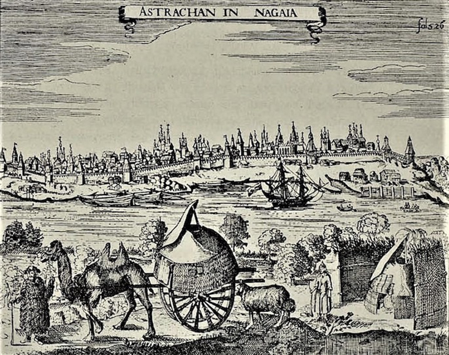 Астрахань в 1-й половине XVII века («Astrachan in Nagaia»). Гравюра Адама Олеария. XVII век