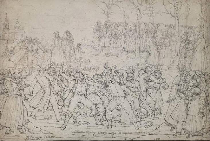 «Торопецкий кулачный бой и на горе в рощах гуляние». Неизвестный художник. 1845 год